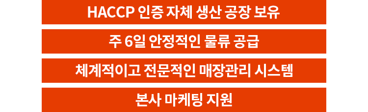 HACCP 인증 자체 생산 공장 보유, 주 6일 안정적인 물류 공급, 체계적이고 전문적인 매장관리 시스템, 본사 마케팅 지원